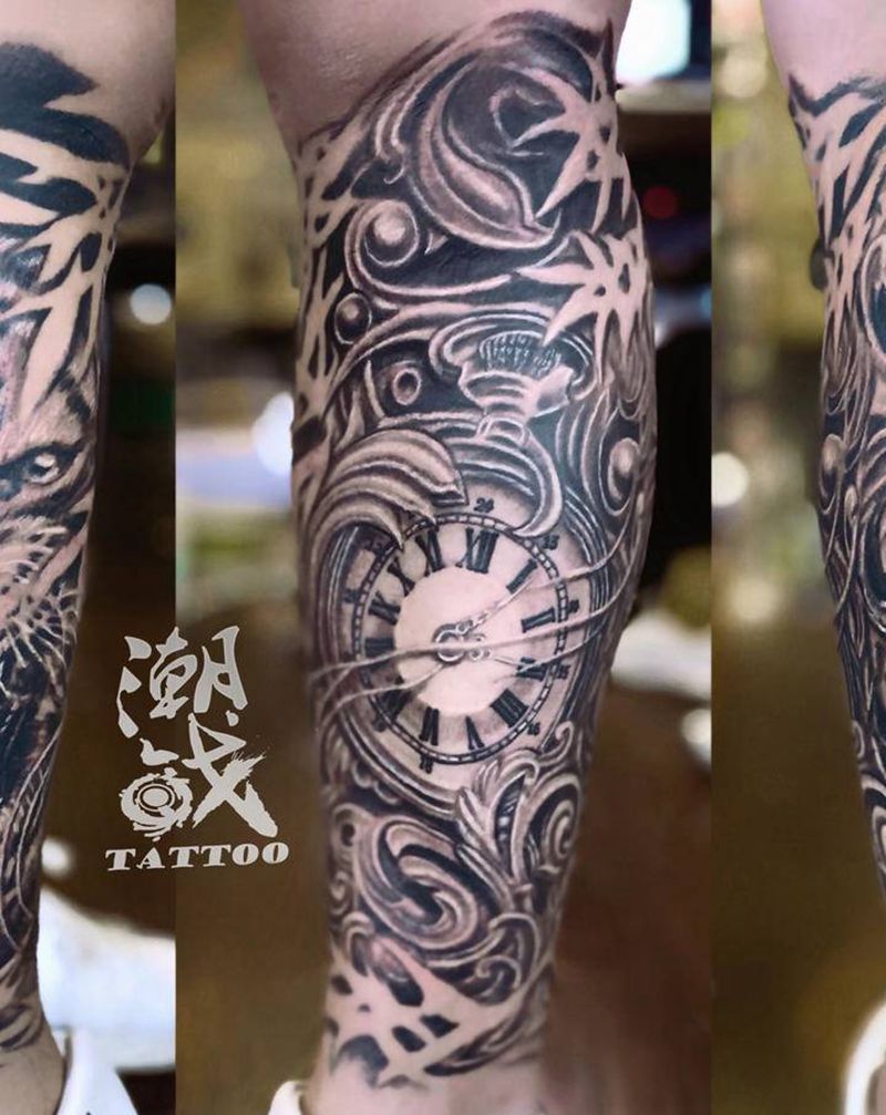 写实包小腿纹身图片_腿部欧美写实老虎时钟包腿纹身图案