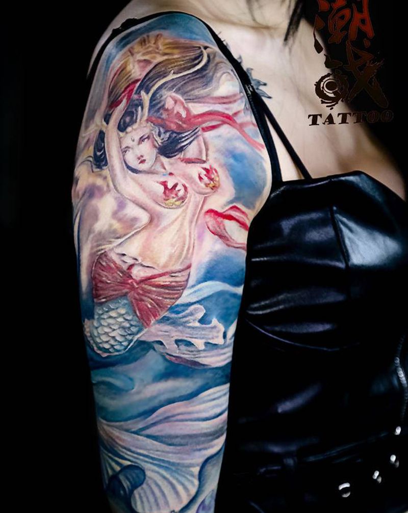 海的女儿纹身图片_手臂New School欧美写实美人鱼纹身图案