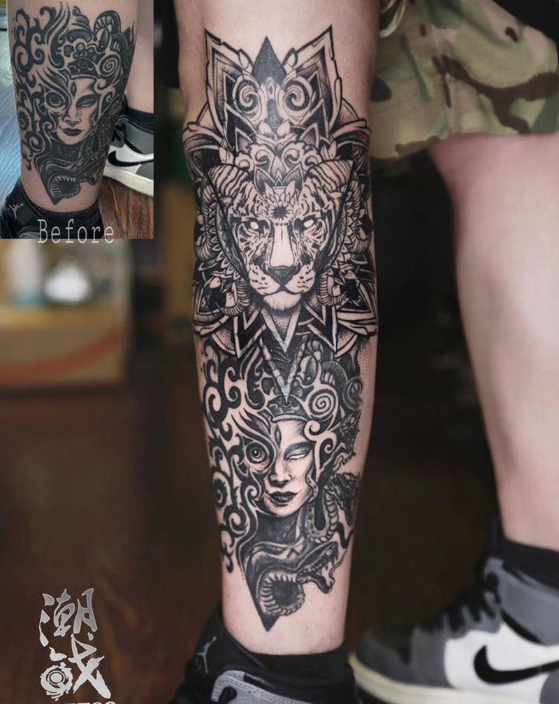 美化衔接纹身图片_腿部欧美写实几何狮子纹身图案