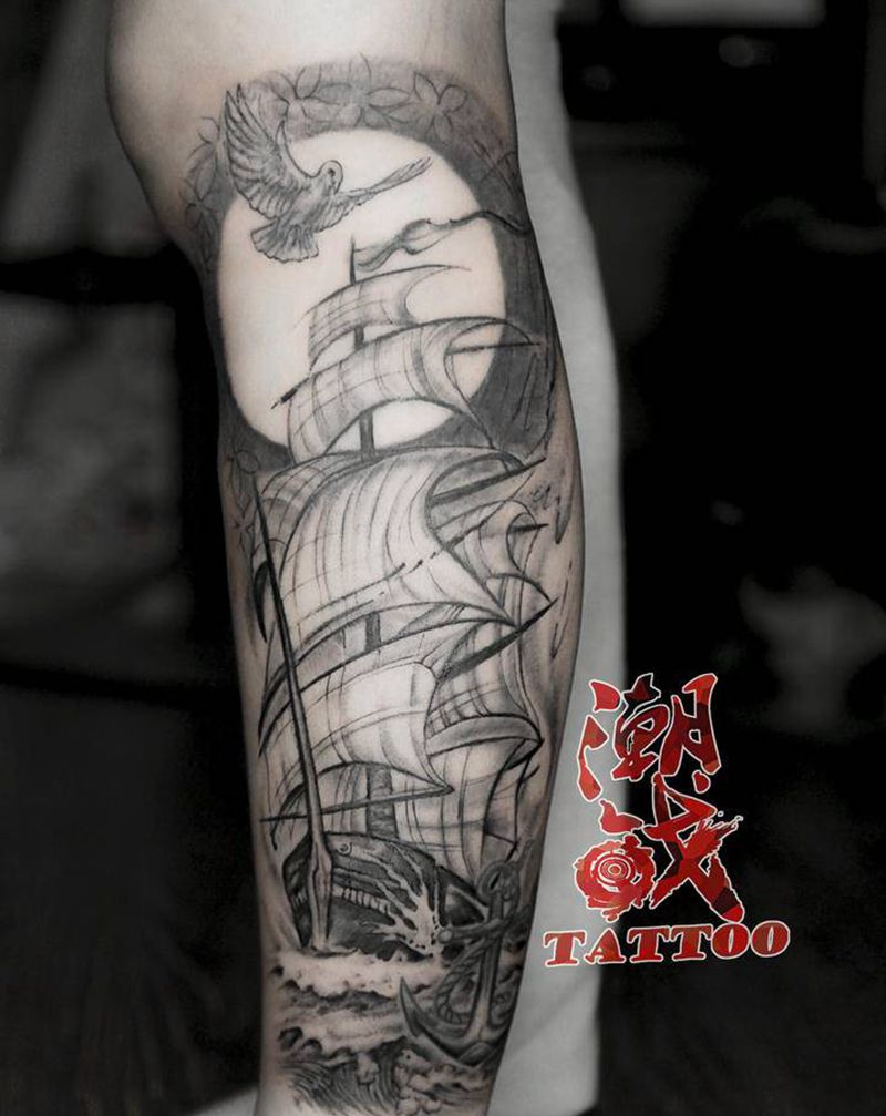 扬帆起航纹身图片_腿部欧美写实帆船纹身图案