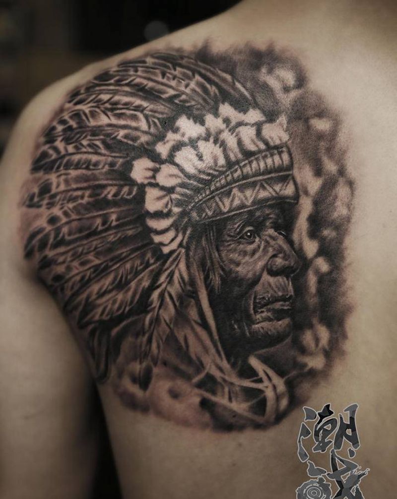印第安人纹身图片_背部欧美写实纹身图案
