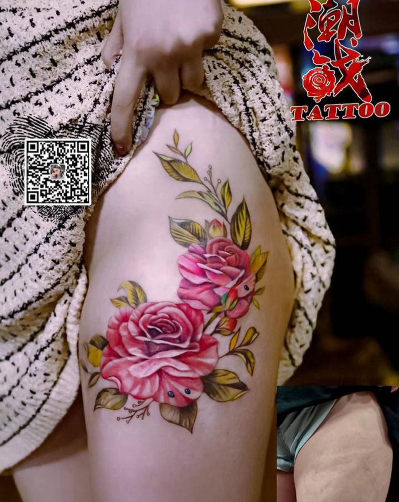 疤痕遮盖纹身图片_腿部水墨水彩花纹身图案