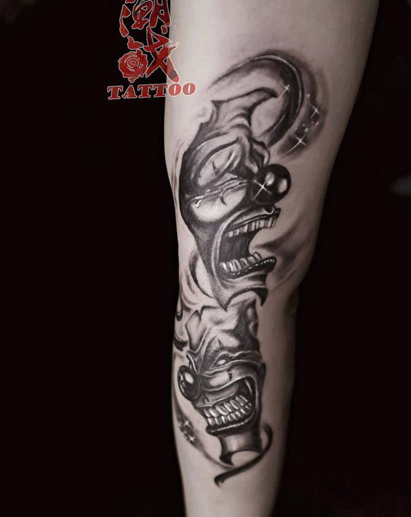 真实与虚伪纹身图片_手臂欧美写实小丑纹身图案