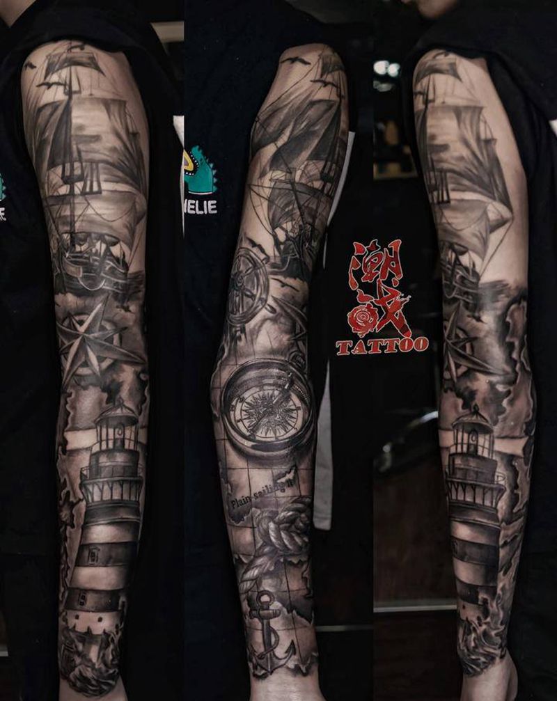 一帆风顺纹身图片_手臂欧美写实花臂纹身图案