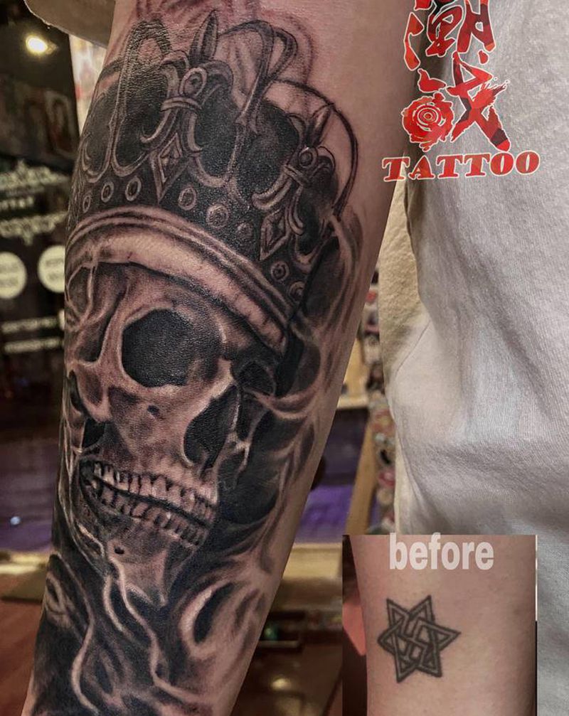 纹身遮盖纹身图片_手臂欧美写实骷髅遮盖纹身图案