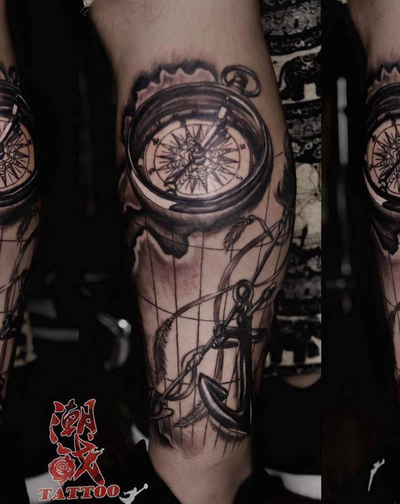 指引纹身图片_腿部欧美写实指南针纹身图案