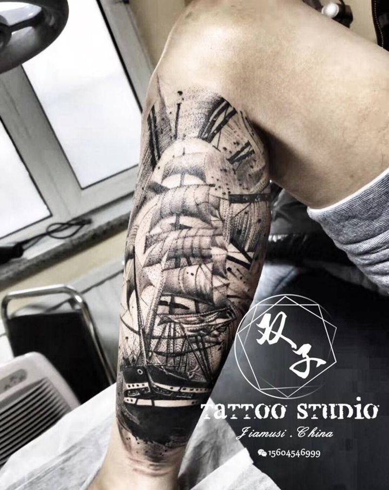 一帆风顺纹身图片_腿部水墨纹身图案