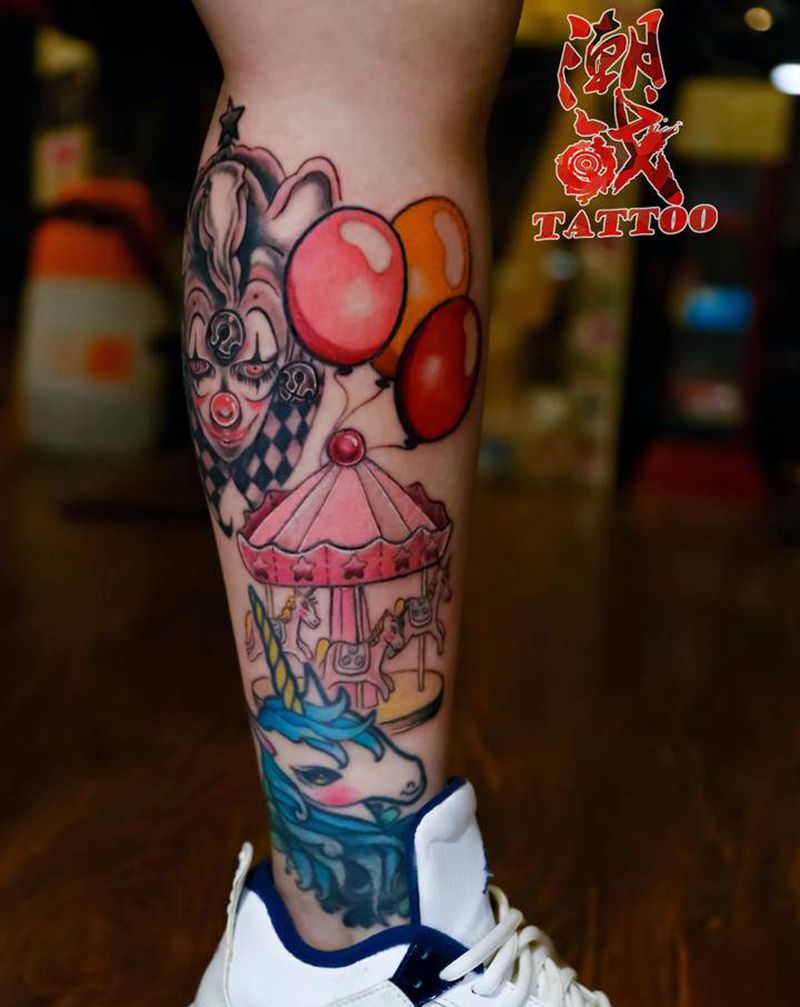 老纹身拼接纹身图片_腿部New SchoolOld School小丑旋转木马气球纹身图案