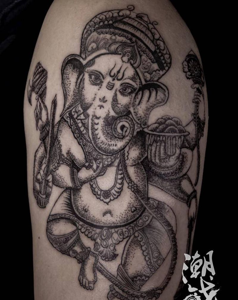 象神纹身图片_手臂新传统点刺象神纹身图案