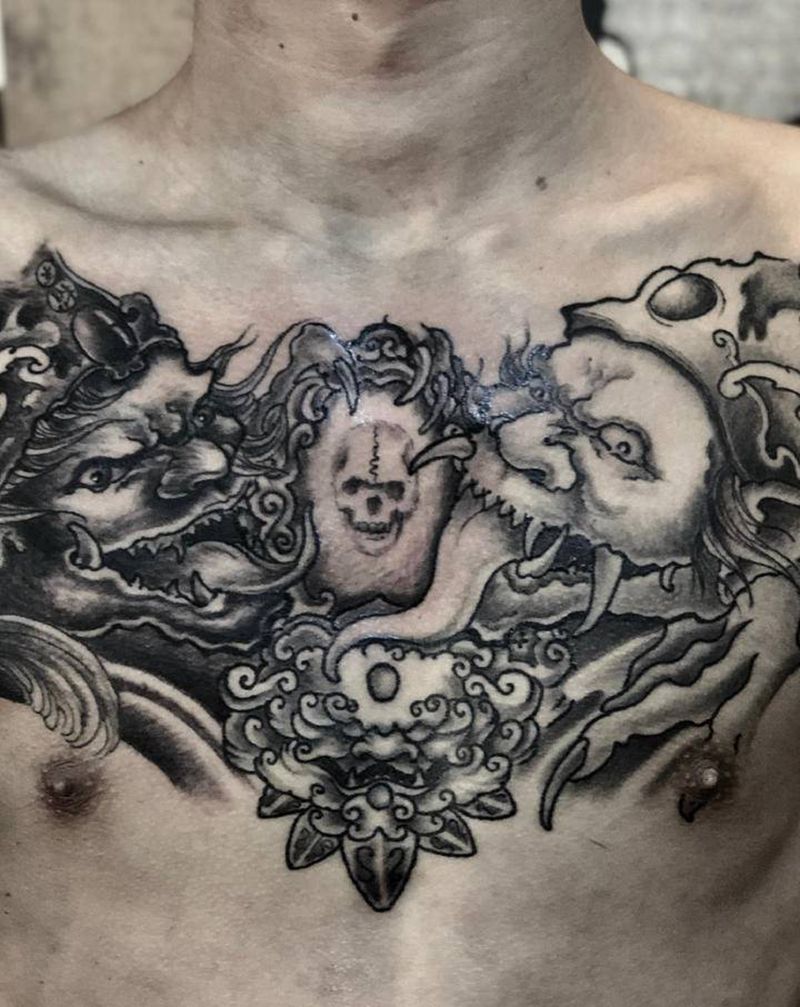 黑白无常纹身图片_胸部新传统纹身图案