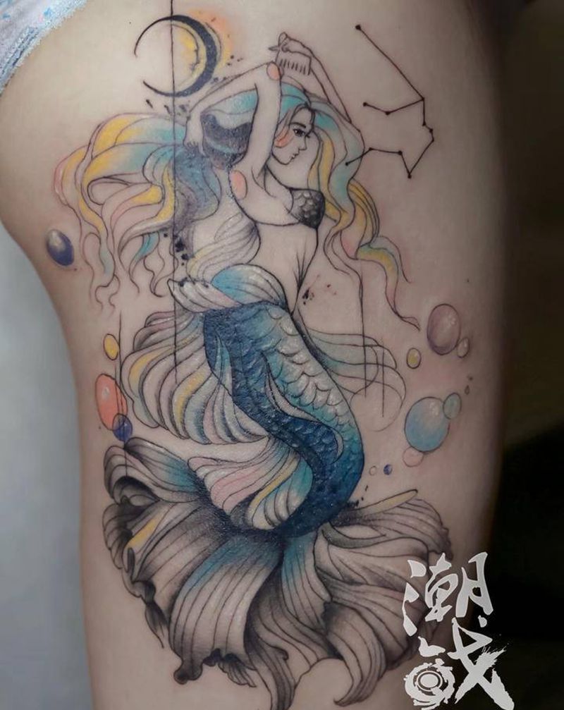 美人鱼纹身图片_腿部New School淡彩美人鱼纹身图案