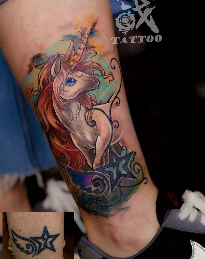 纹身遮盖纹身图片_腿部New School独角兽遮盖纹身图案