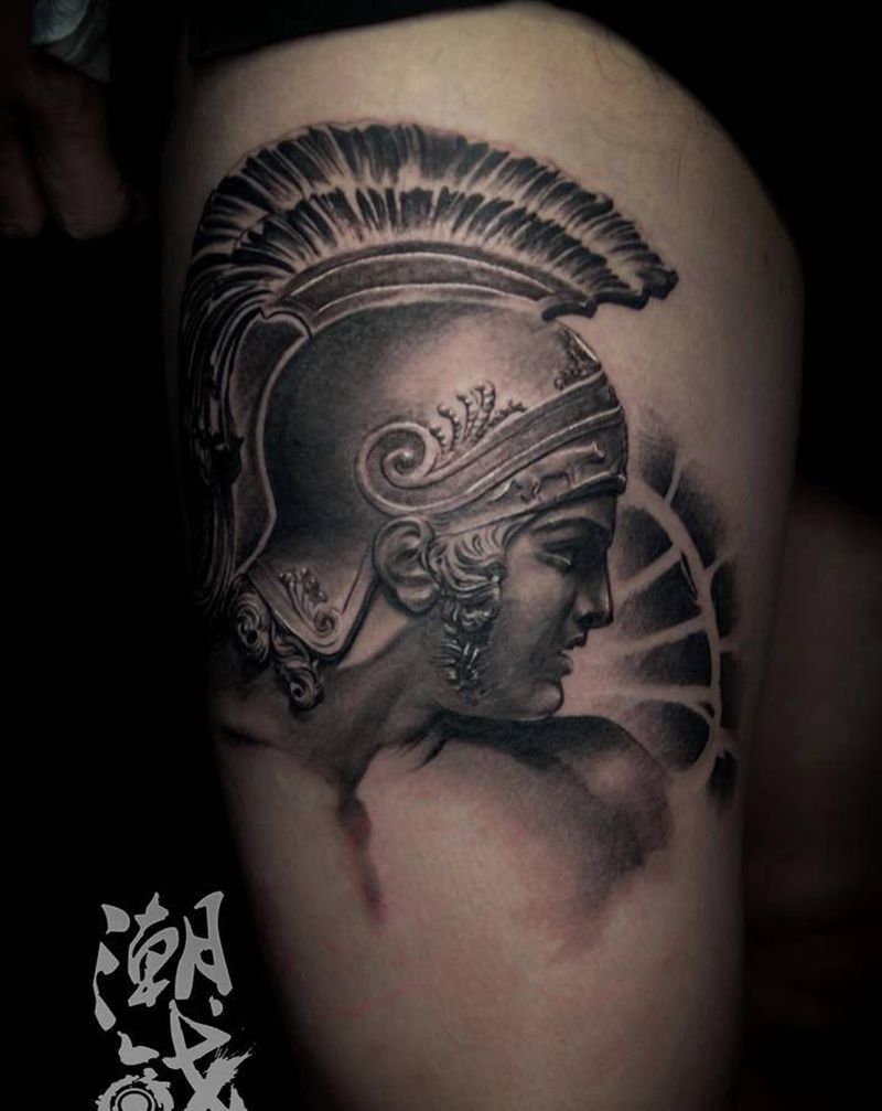 角斗士纹身图片_腿部欧美写实角斗士纹身图案