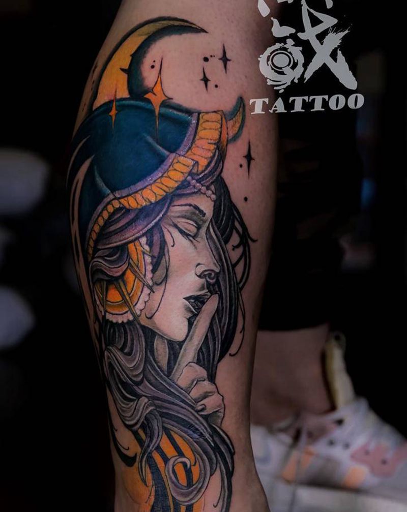 月神降临纹身图片_腿部欧美写实New School遮盖女神纹身图案