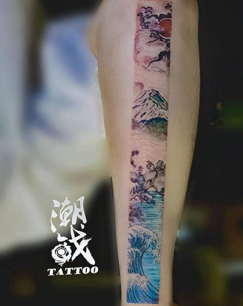 江山美景纹身图片_手臂新传统水墨日式风景纹身图案