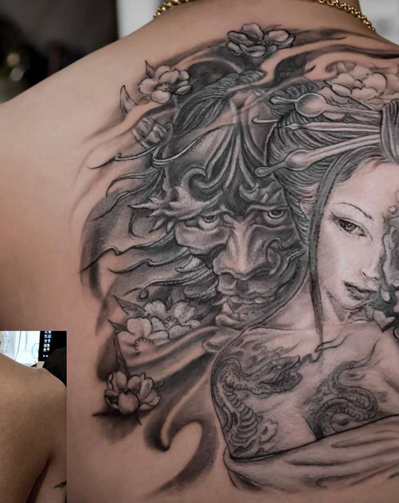 艺妓遮盖纹身图片_背部新传统遮盖艺妓纹身图案