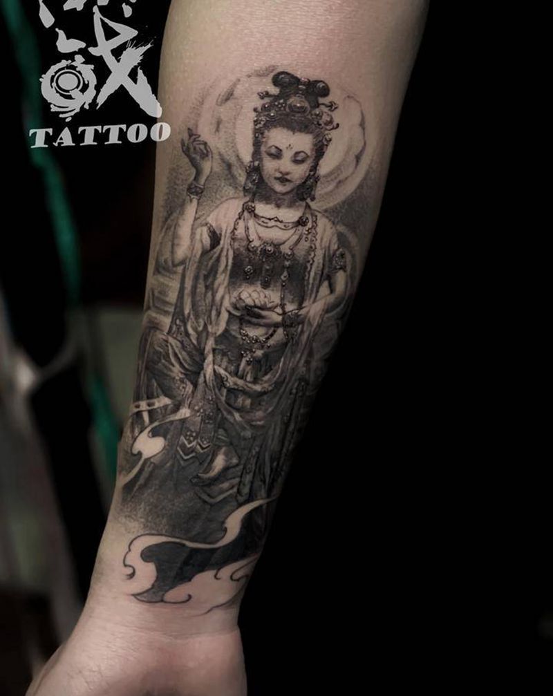 敦煌飞天纹身图片_手臂欧美写实点刺敦煌纹身图案