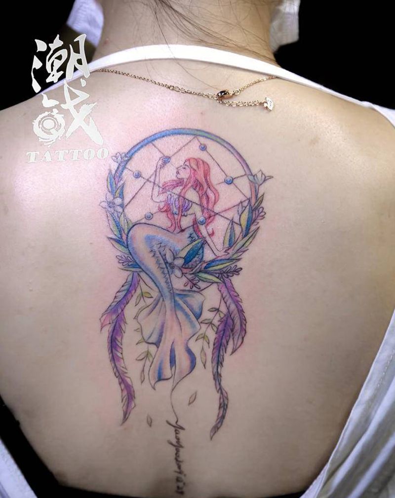 捕梦网纹身图片_背部水彩几何美人鱼捕梦网纹身图案
