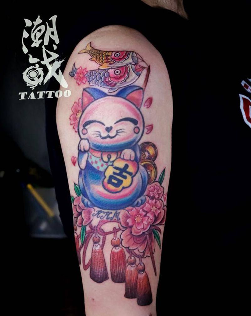 招财猫纹身图片_手臂New School新传统招财猫纹身图案