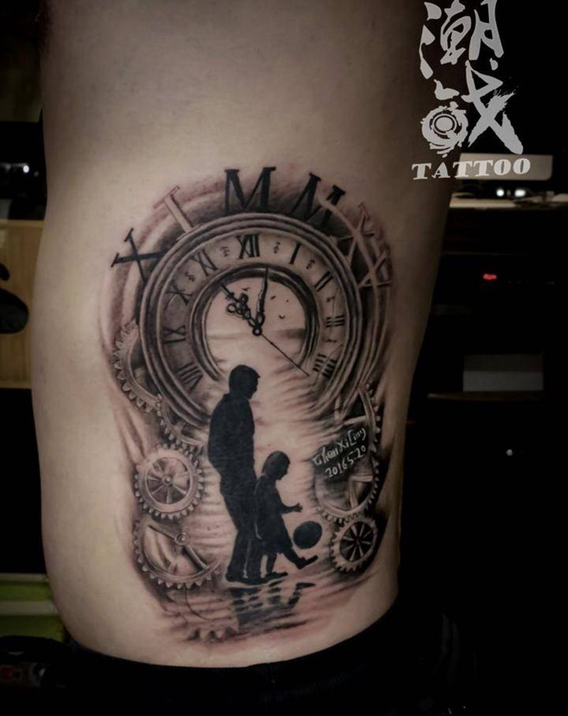 父爱如山纹身图片_腰部欧美写实亲情家庭纹身图案