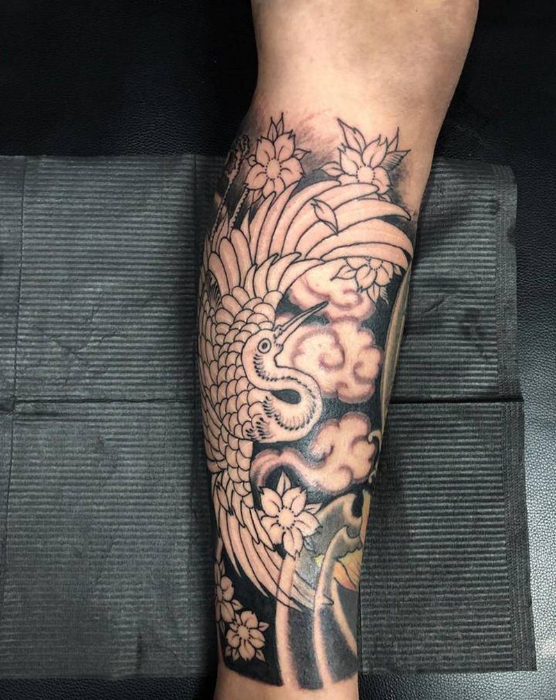 仙鹤  锦鲤（未完成）纹身图片_腿部新传统纹身图案