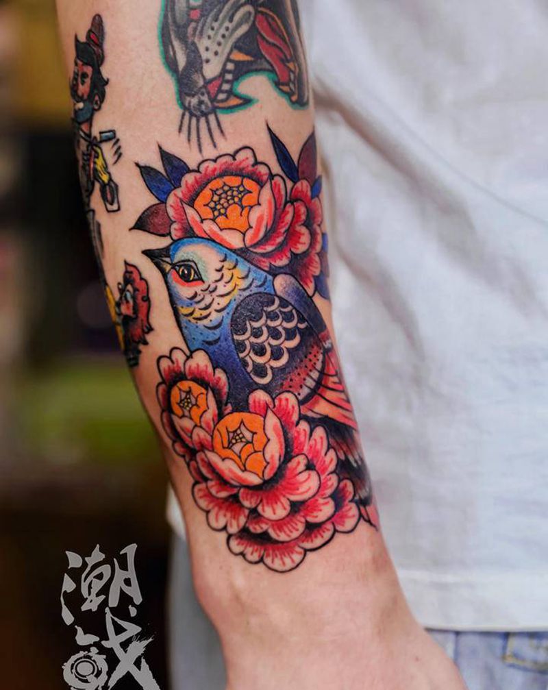 麻雀纹身图片_手臂New SchoolOld School麻雀纹身图案