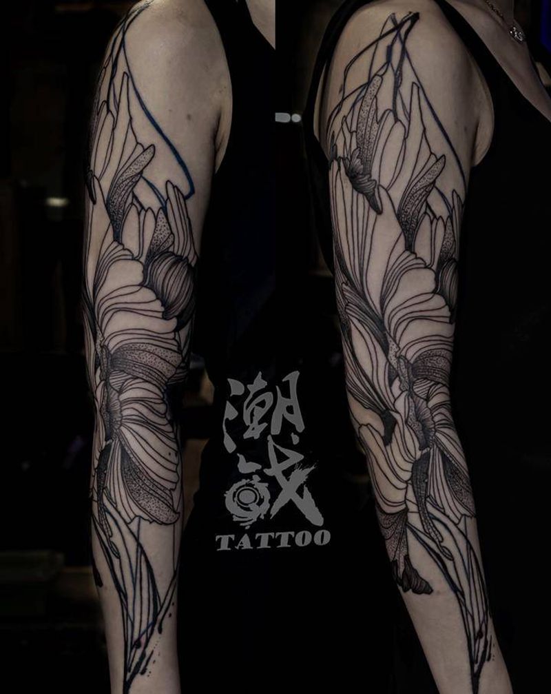 抽象主义纹身图片_手臂几何点刺抽象花臂纹身图案