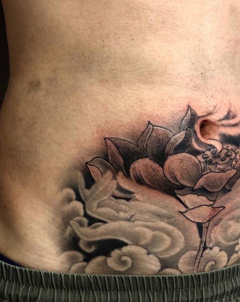荷花  佛手纹身图片_腹部新传统纹身图案