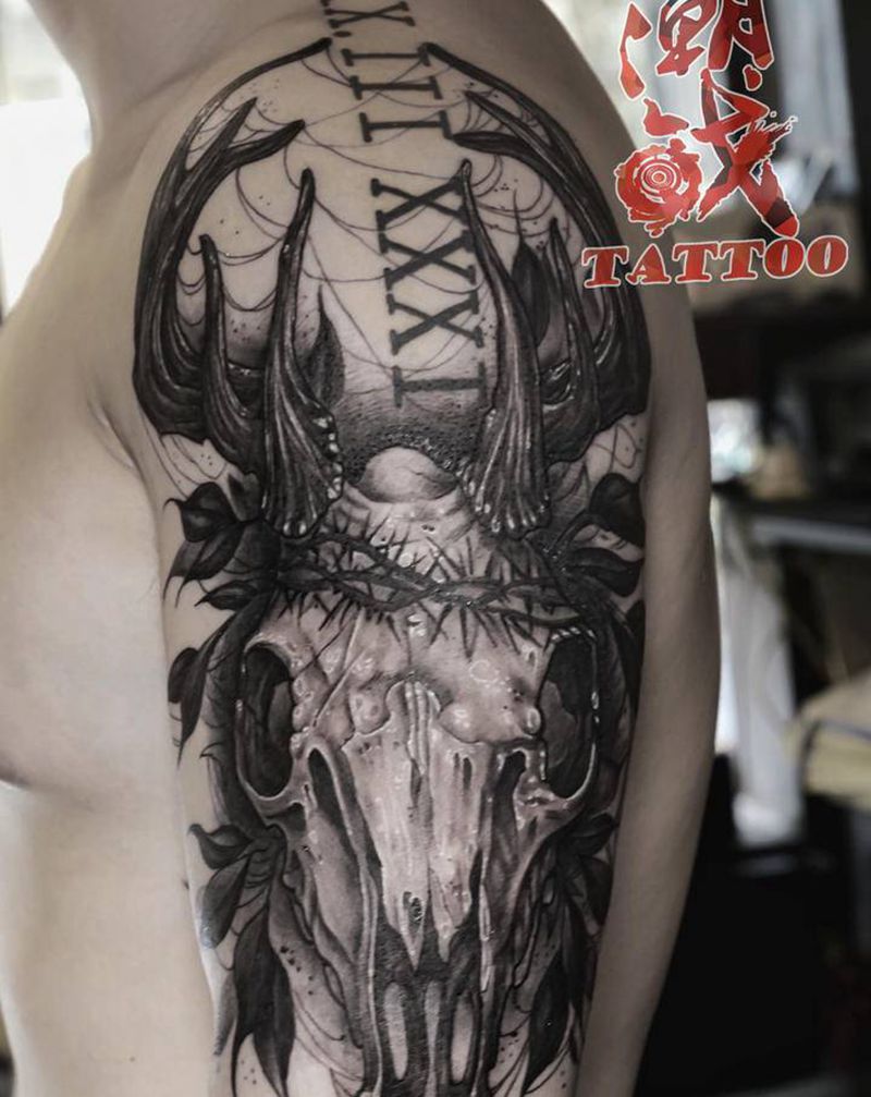 羊头纹身图片_手臂欧美写实点刺羊头暗黑纹身图案