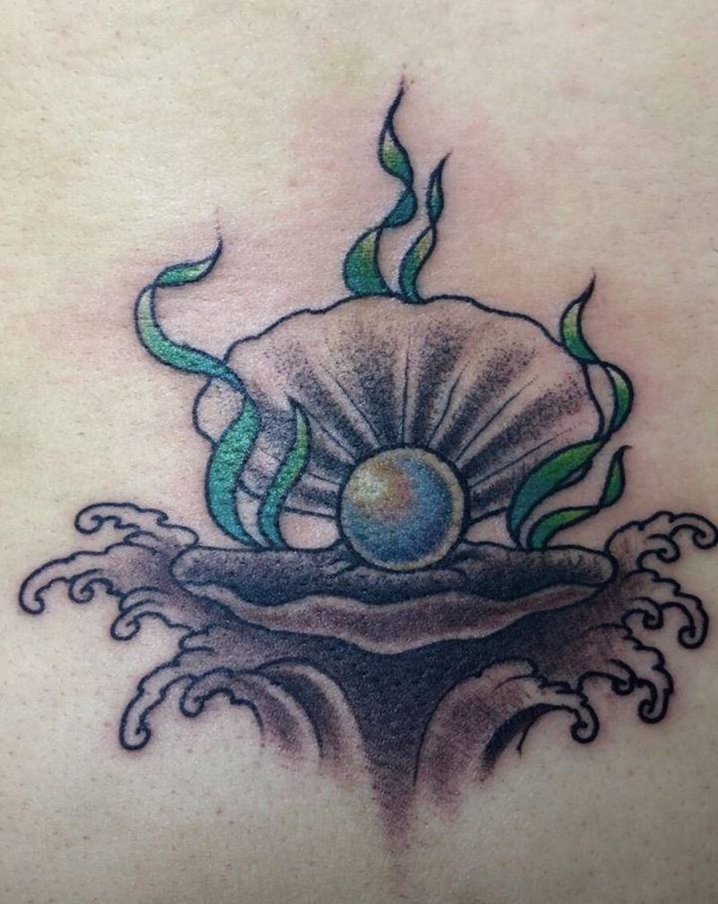 珍珠贝壳纹身图片_腰部新传统原创纹身图案