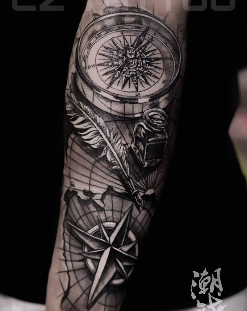 大航海地图纹身图片_手臂欧美写实指南针地图纹身图案