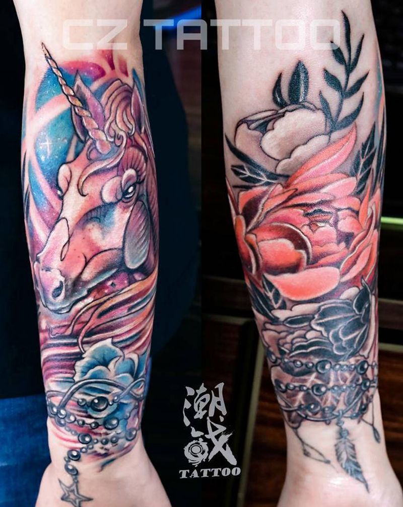 旧纹身衔接纹身图片_手臂欧美写实New School独角兽纹身图案