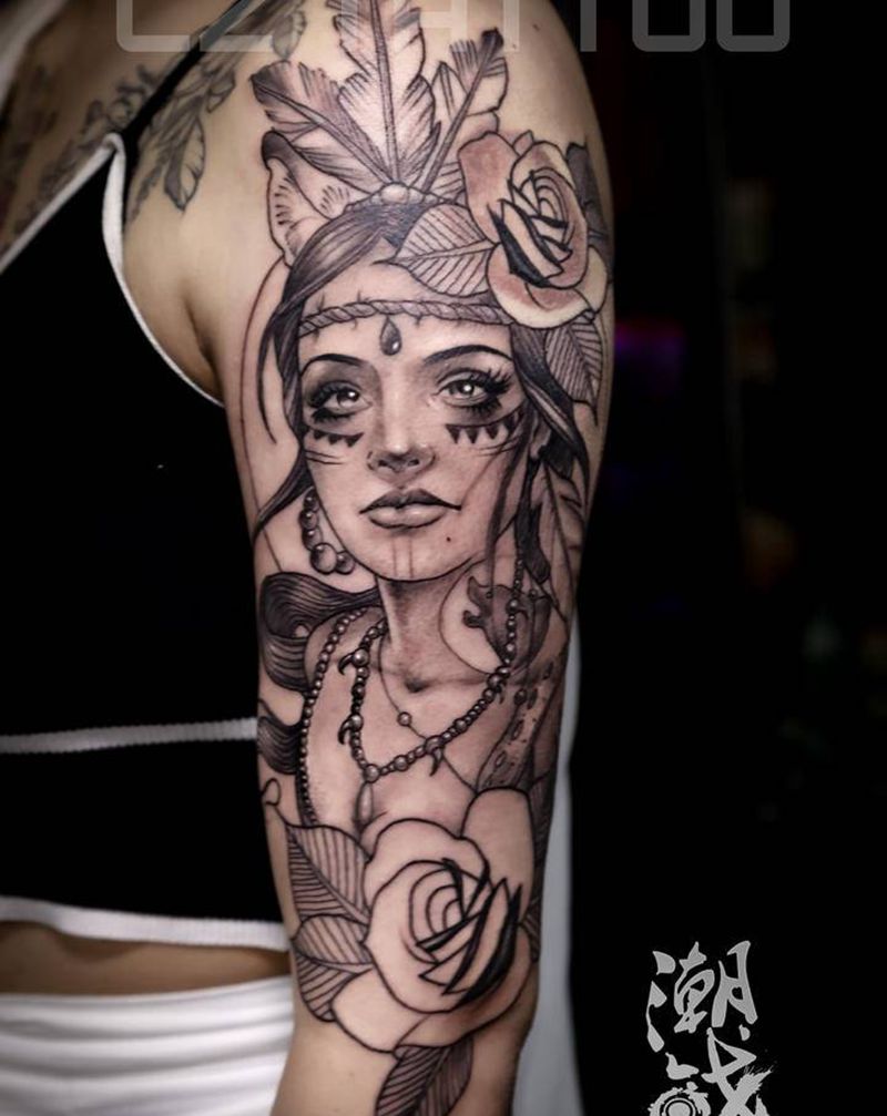 吉普赛女郎纹身图片_手臂欧美写实女神纹身图案
