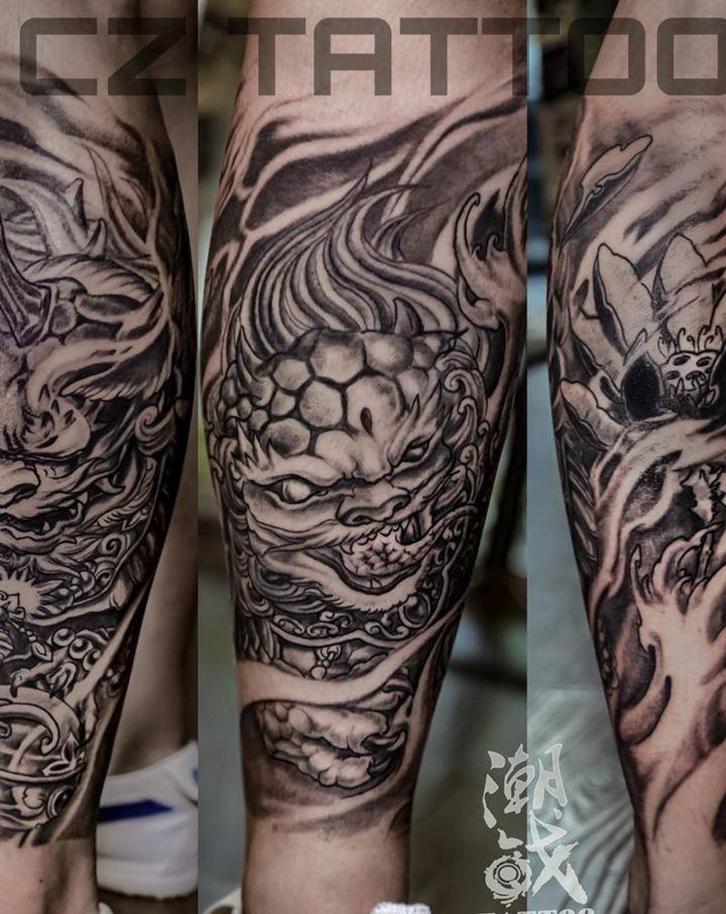 唐狮包腿纹身图片_腿部新传统唐狮纹身图案