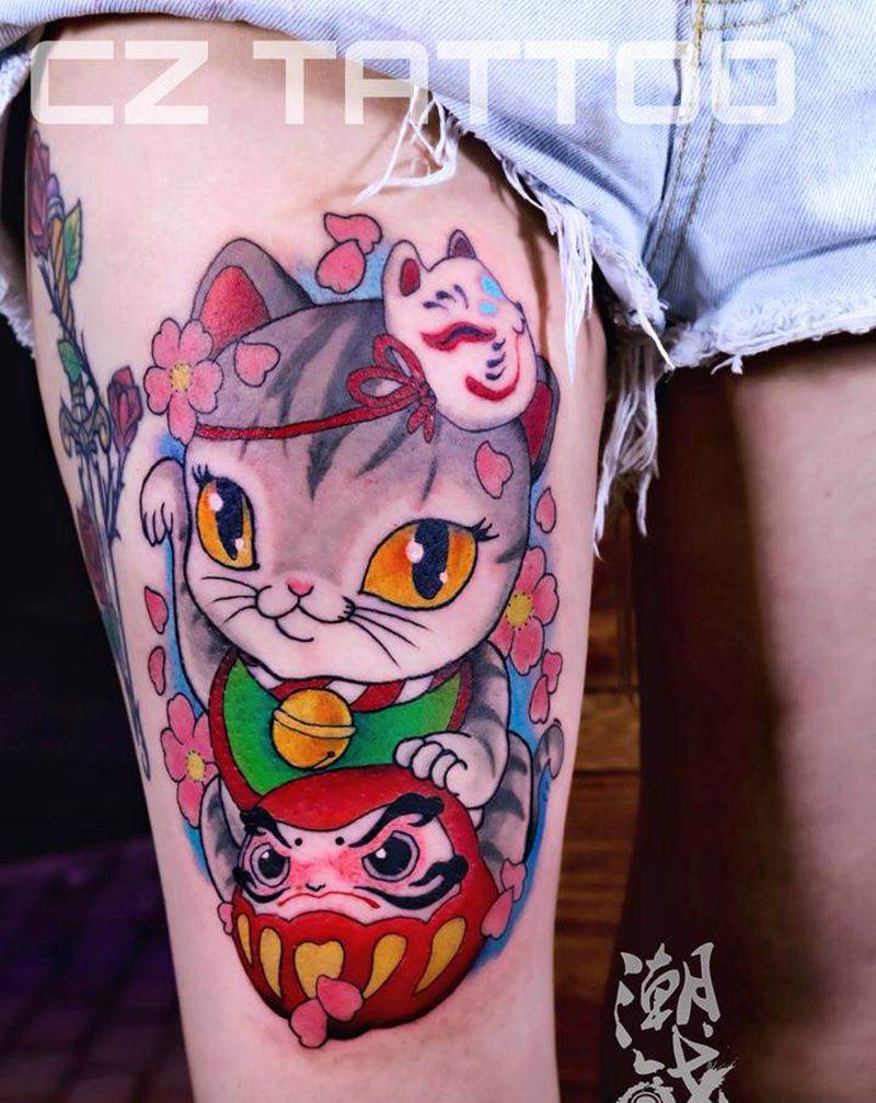 招财猫纹身图片_腿部New School招财猫达摩蛋纹身图案