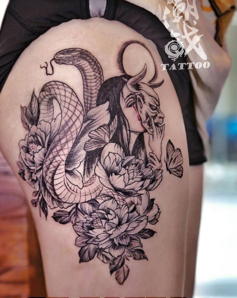 美女蛇纹身图片_腿部点刺欧美写实艺妓纹身图案