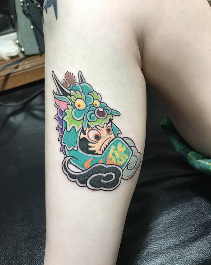 佳木斯美刻刺青：达摩不倒翁纹身图片_腿部手臂Old SchoolNew School纹身图案