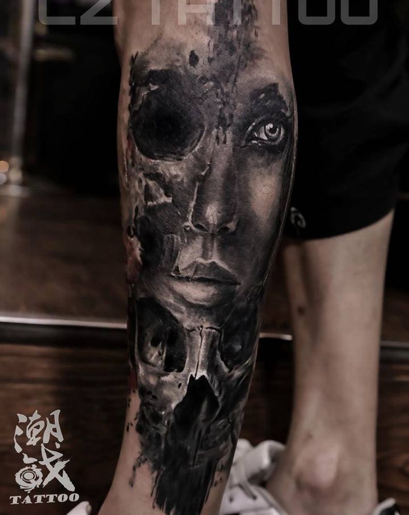 暗黑酷女郎纹身图片_腿部欧美写实金属暗黑骷髅纹身图案