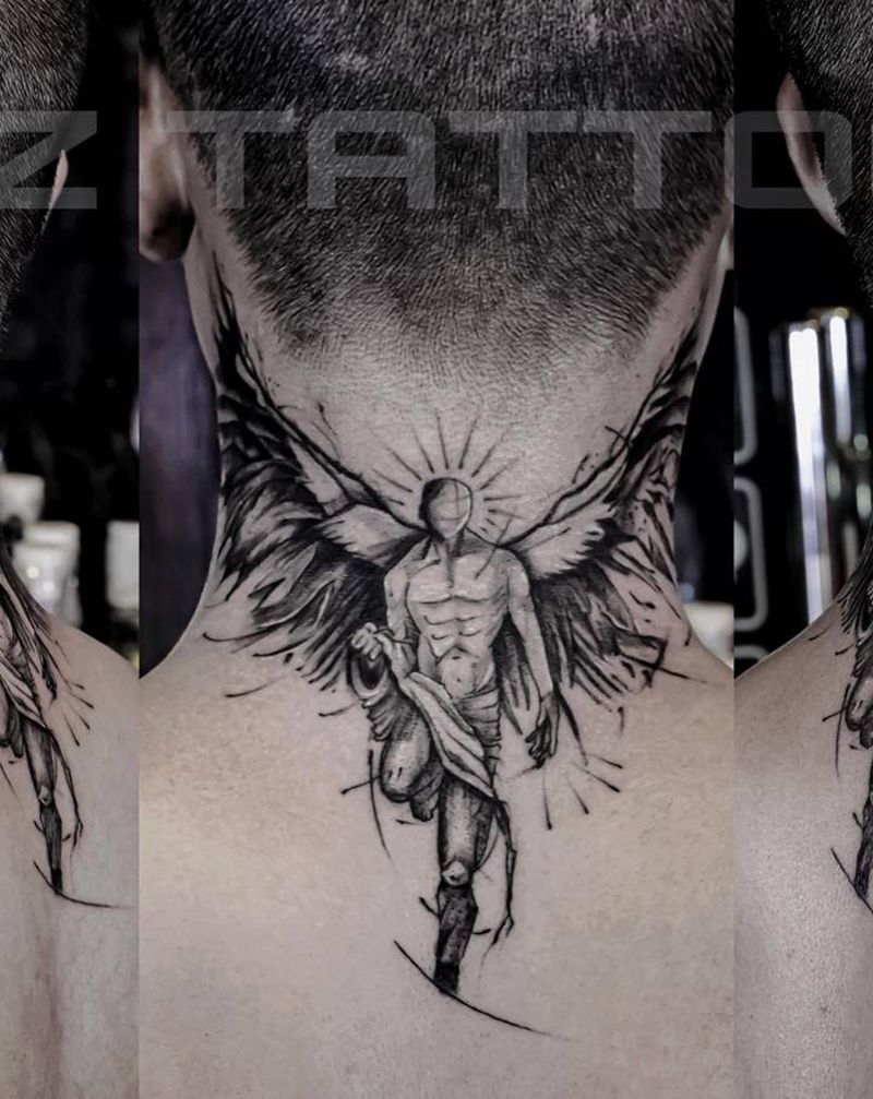 守护天使（纹身遮盖）纹身图片_颈部欧美写实点刺翅膀天使纹身图案