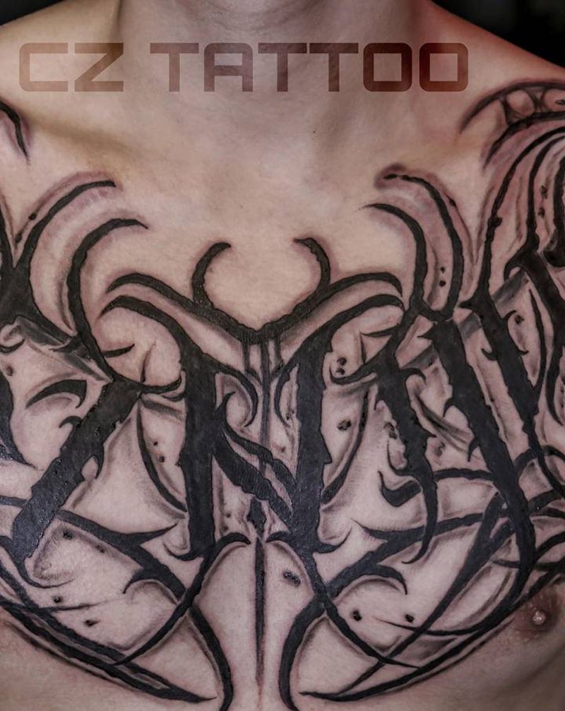 暗黑花体字纹身图片_胸部欧美写实花体字奇卡诺原创纹身图案