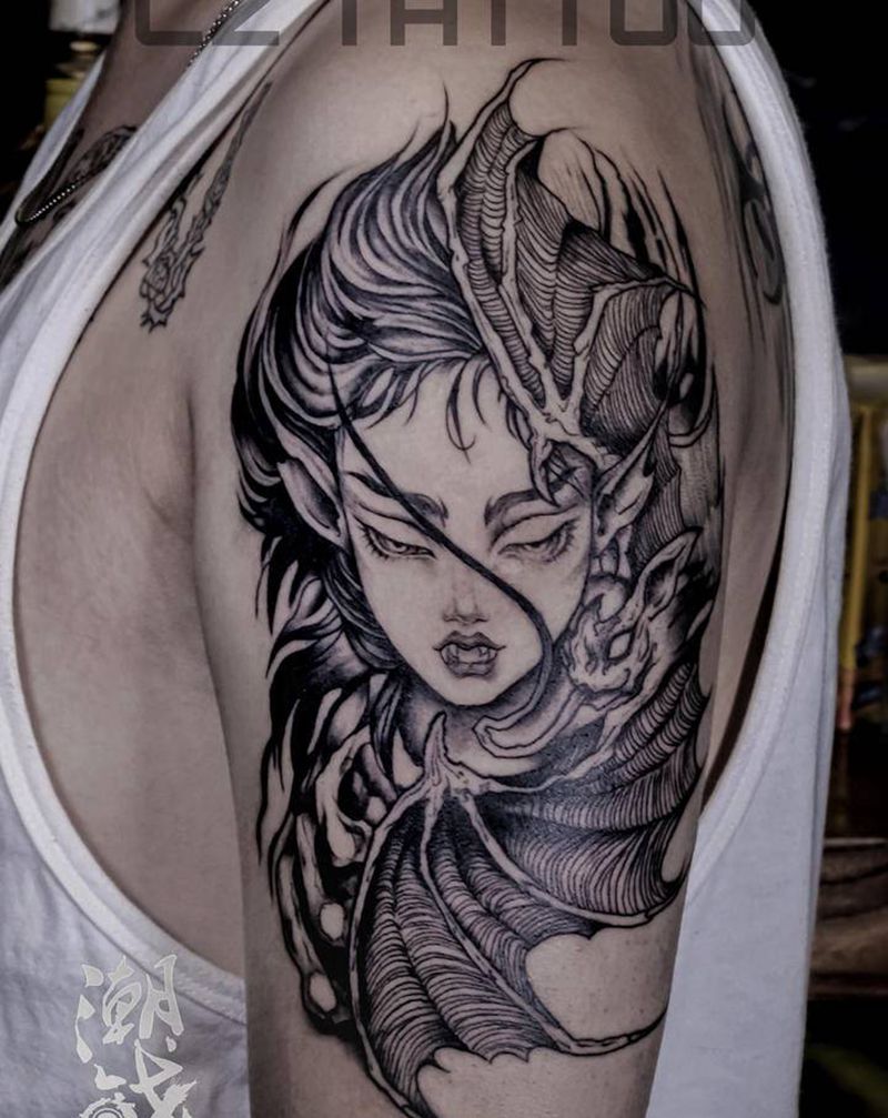 恶魔纹身图片_手臂欧美写实点刺暗黑蝙蝠蜘蛛网纹身图案