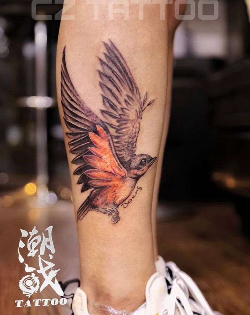 百灵鸟纹身图片_腿部Old School欧美写实纹身图案