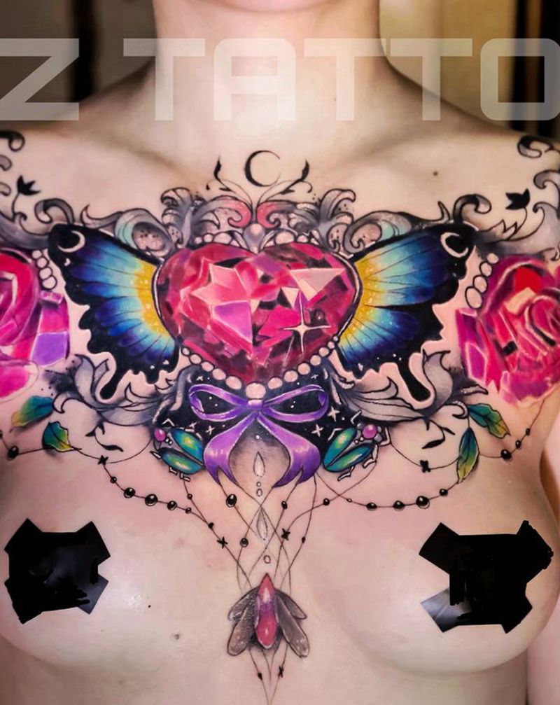 可爱少女心纹身图片_胸部New School可爱花胸纹身图案