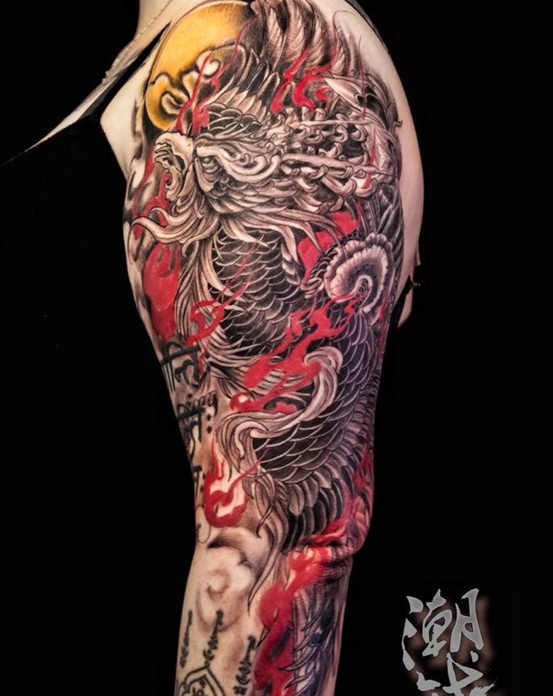 浴火凤凰纹身图片_手臂新传统凤凰纹身图案