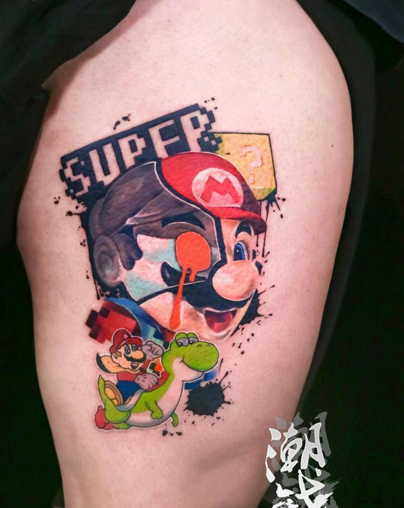超级玛丽纹身图片_腿部New School卡通纹身图案