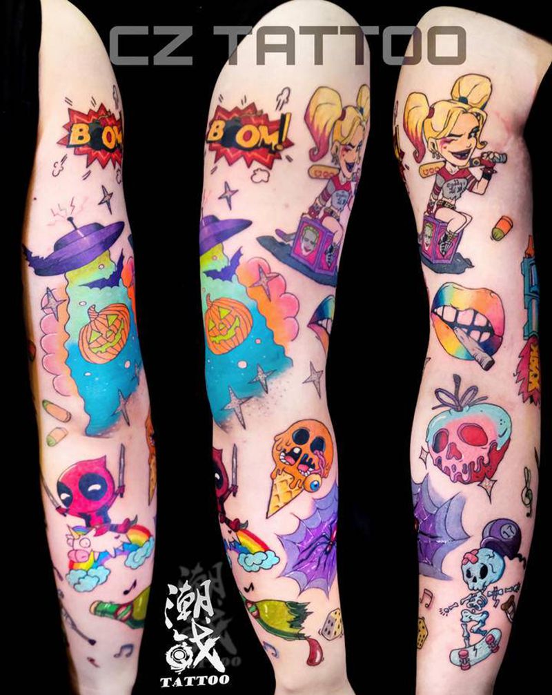 new shool搞怪卡通花臂纹身图片_手臂New School纹身图案