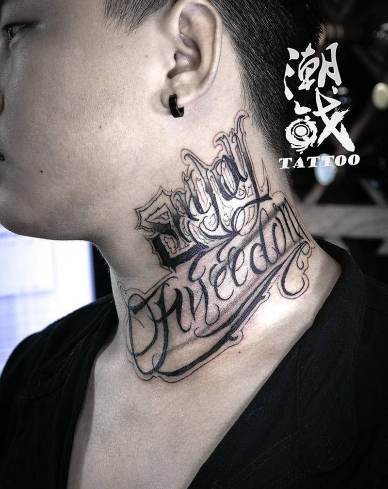 奇卡诺花脖纹身图片_颈部花体字纹身图案