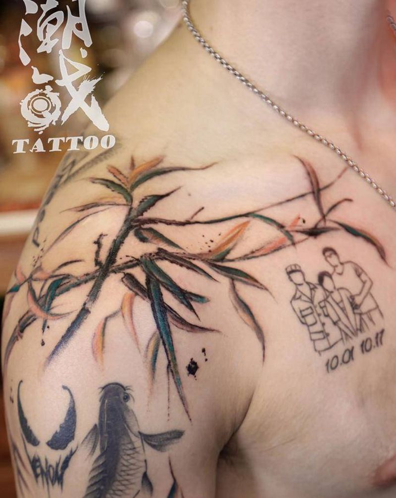 水墨竹子纹身图片_手臂水墨纹身图案