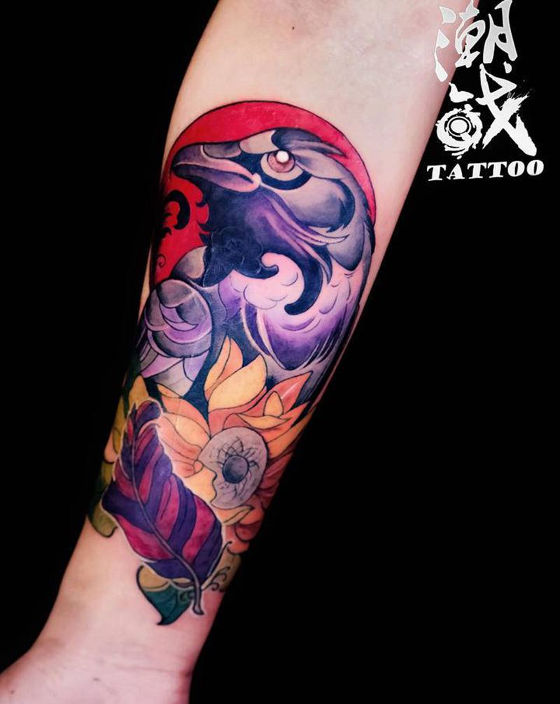 纹身美化遮盖纹身图片_手臂Old School乌鸦纹身图案