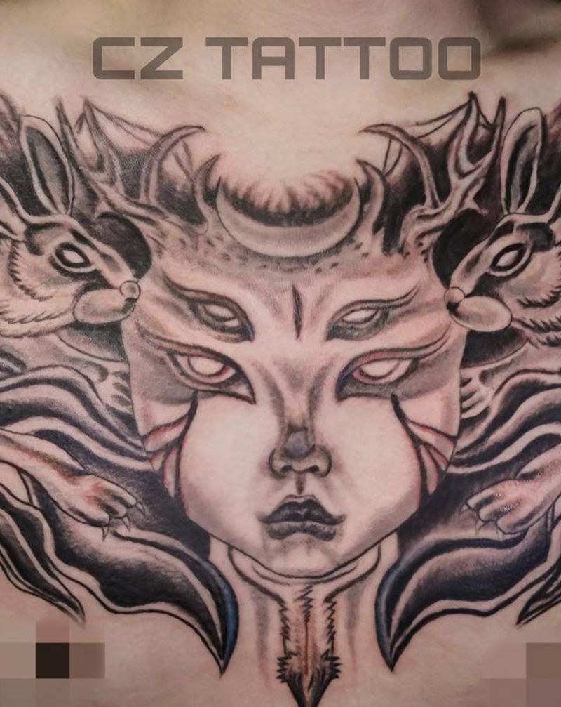 帅气花胸纹身图片_胸部新传统老传统纹身图案